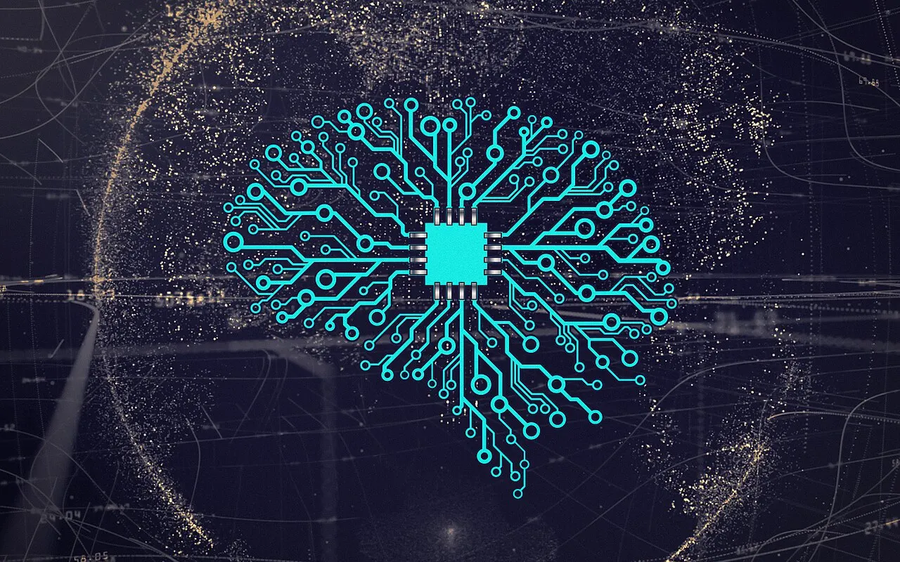 Ilustración de una red neuronal con forma de cerebro alrededor de un chip